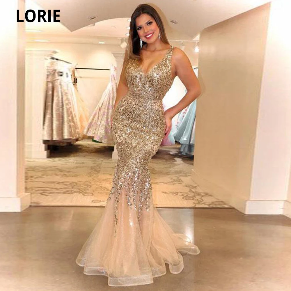 LORIE Champagne Sirena Abiti Da Sera Lunghi di Cristallo Del Diamante In Rilievo Elegante Spettacolo del Vestito Da Cerimonia Occasioni Speciali Abito Con Scollo A V