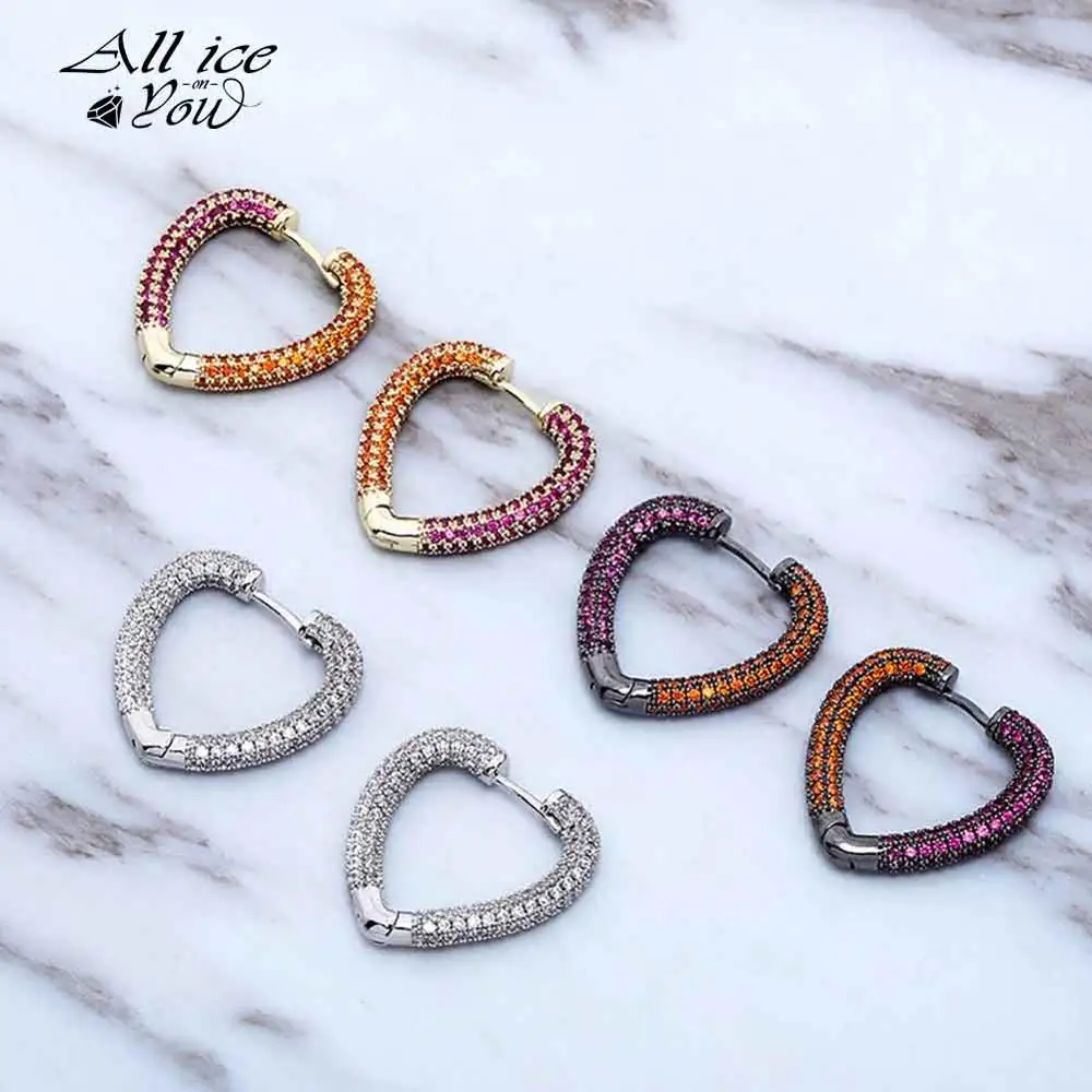 ALLICEONYOU Heart Earrings Iced Out Micro Pave Cubic Zirconia Push-back Hip Hop Rock Fashion Jewelry For Men Women Gifts