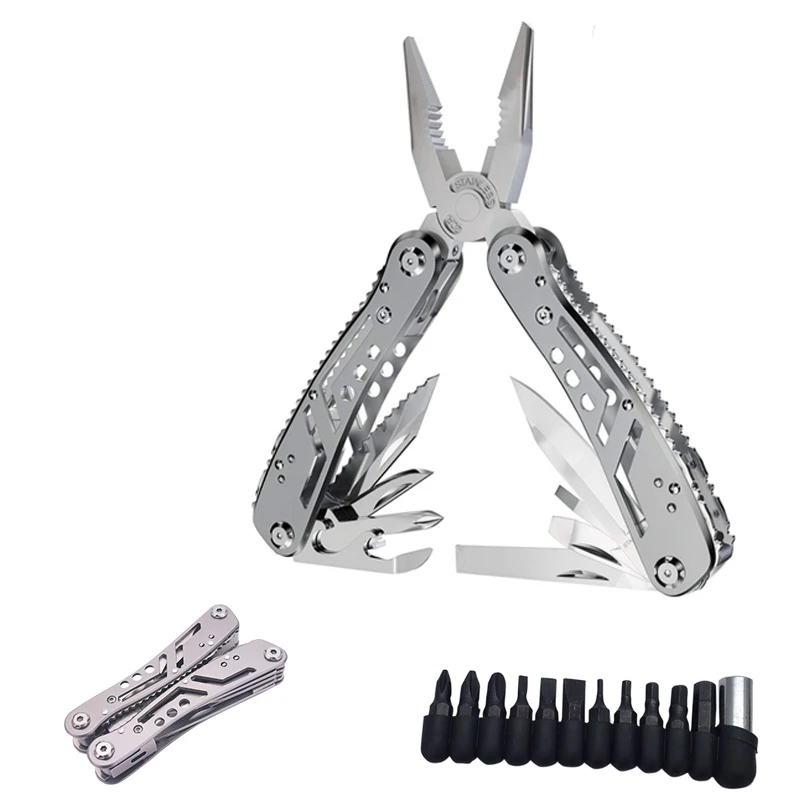 Alicates multifuncionales para exteriores, bolsillo plegable EDC, Kit de destornillador de caza, supervivencia, cuchillo, abrebotellas, herramientas de mano