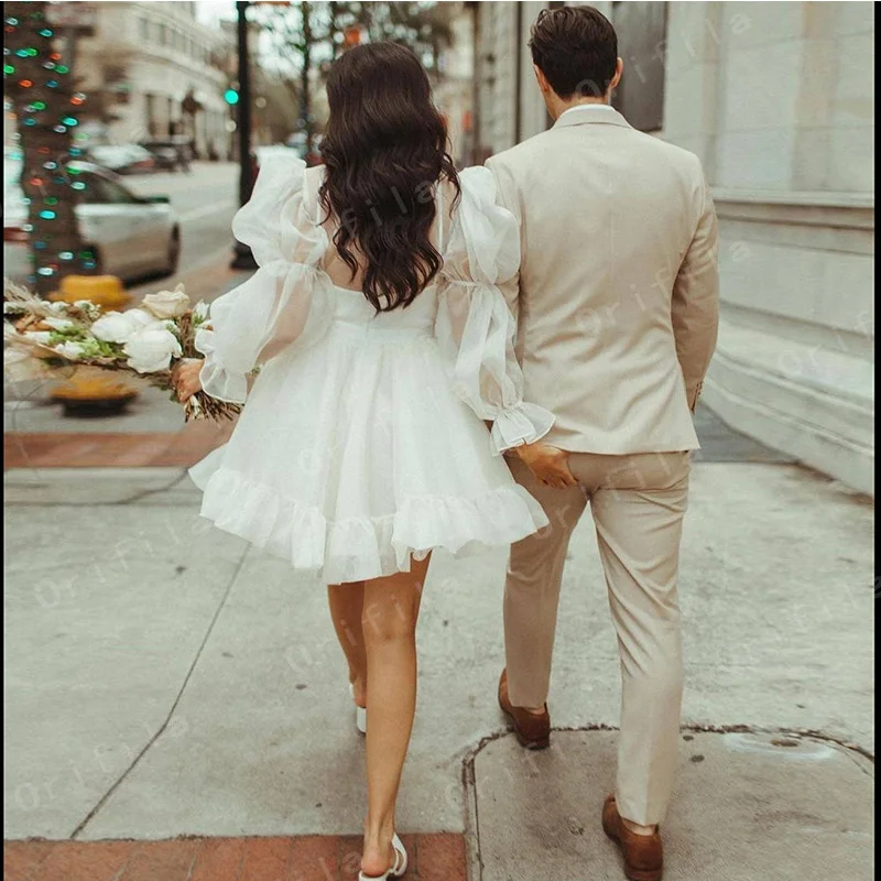 Vestido de casamento curto vestido de noiva de manga comprida branco mini vestidos de noiva longo robe de mariée