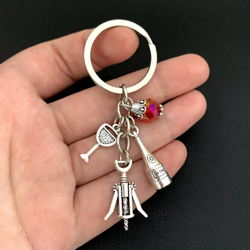 1pc Red Wine Glass Charm Keychain Cheers Jewelry GIfts For Wine Lover Wine Bottle Opener Charm Red Beads Keyring