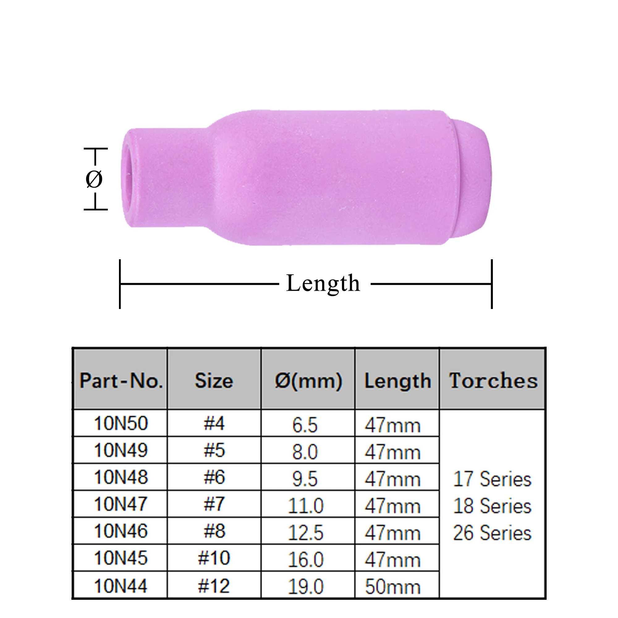 10 peças por caixa 50mm 10n44 47mm 10n45 10n46 10n47 10n48 10n49 10n50 bicos de alumina para tig wp17 18 26 acessórios de tocha de soldagem