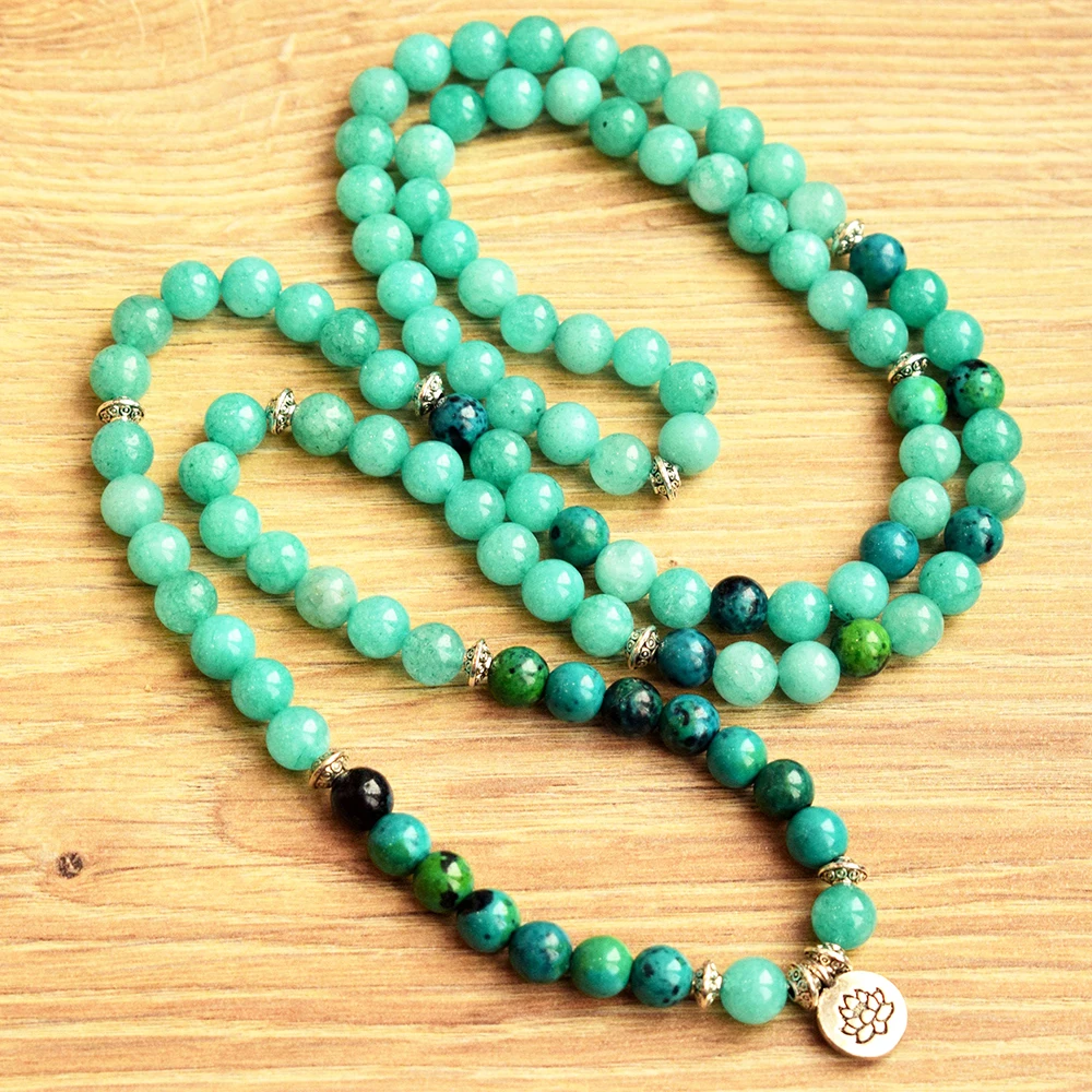 MG0648 Amazonite 108 Mala Bracelet Yoga Mala Meditation Bracelet Lotus Healing Chakra Spiritual 108 Mala Beads Jewelry