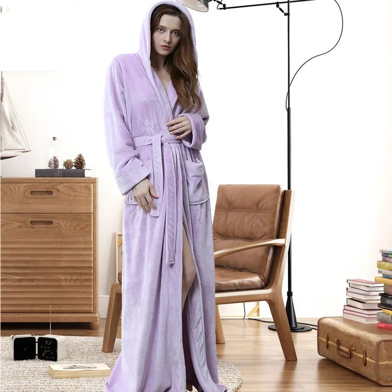 Women Winter Hooded Extra Long Thick Flannel Bath Robe Luxury Peignoir Warm Dressing Gown Men Bathrobe Bridesmaid Wedding Robes