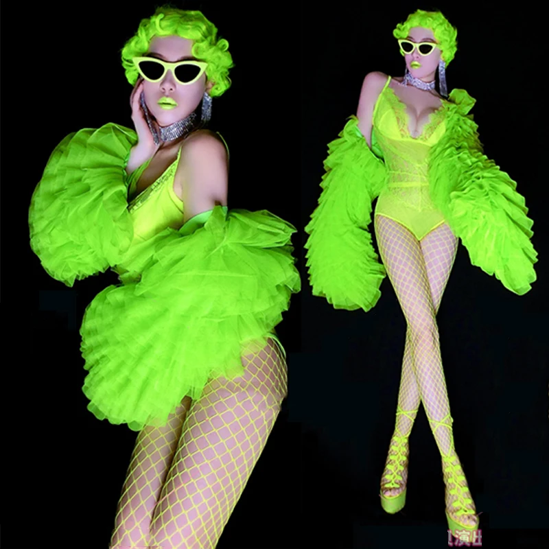 Fluoreszierender grüner Spitzen-Body Drag Queen Kostüme Retro Puffärmel Sexy Rave Outfit Nachtclub Gogo Tänzerin Kostüm DNV15155