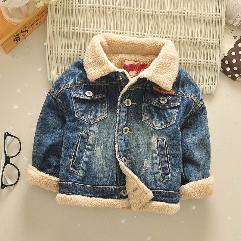 New Autumn Winter Velvet Thick Kids Boys Denim Jackets Single Breasted Lapel Warm Children Jean Coats Outerwear