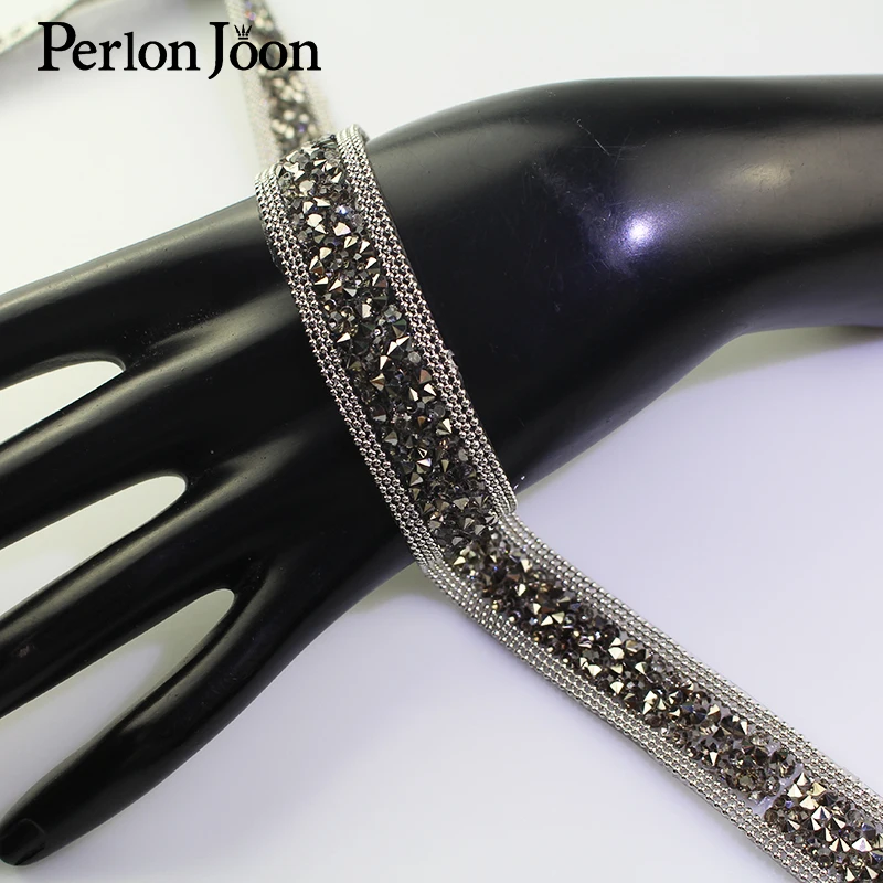 1 yard 1.8cm black resin chain Motif crystal RhinestoneTape trim Hot Fix ribbon Iron On Appliques for Dress shoe adornment TR005