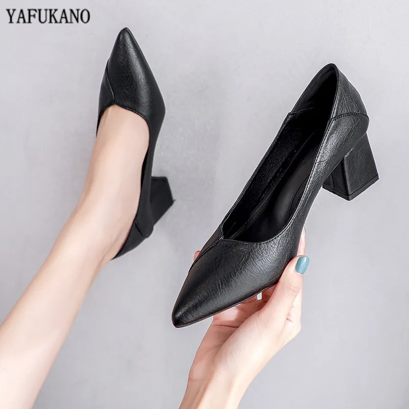 Simple Fashion Soft Leather Womens Pumps Square Heel High Heels 3Cm/5Cm Chunky Heel Black Career Work Shoes 2024 New Arrivals