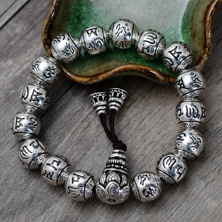 Handmade 100% 999 Silver Tibetan Bracelet Pure Silver Tibetan Six Words Mala Bracelet Good Luck Beads Bracelet