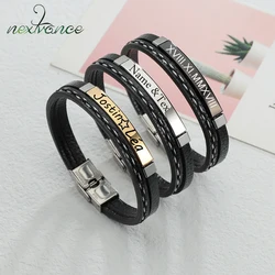 Nextvance Punk Customized PU Leather Black Men Bracelets Stainless Steel Engrave Name Bangles Boy Women Family Jewelry Gift