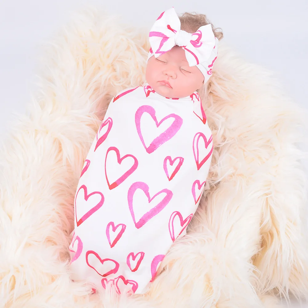 2020 Baby Swaddle Blanket and Bowknot Floral Bows Headband Set Heart Bud Blanket Girls Photography Props Muslin Swaddle Wrap