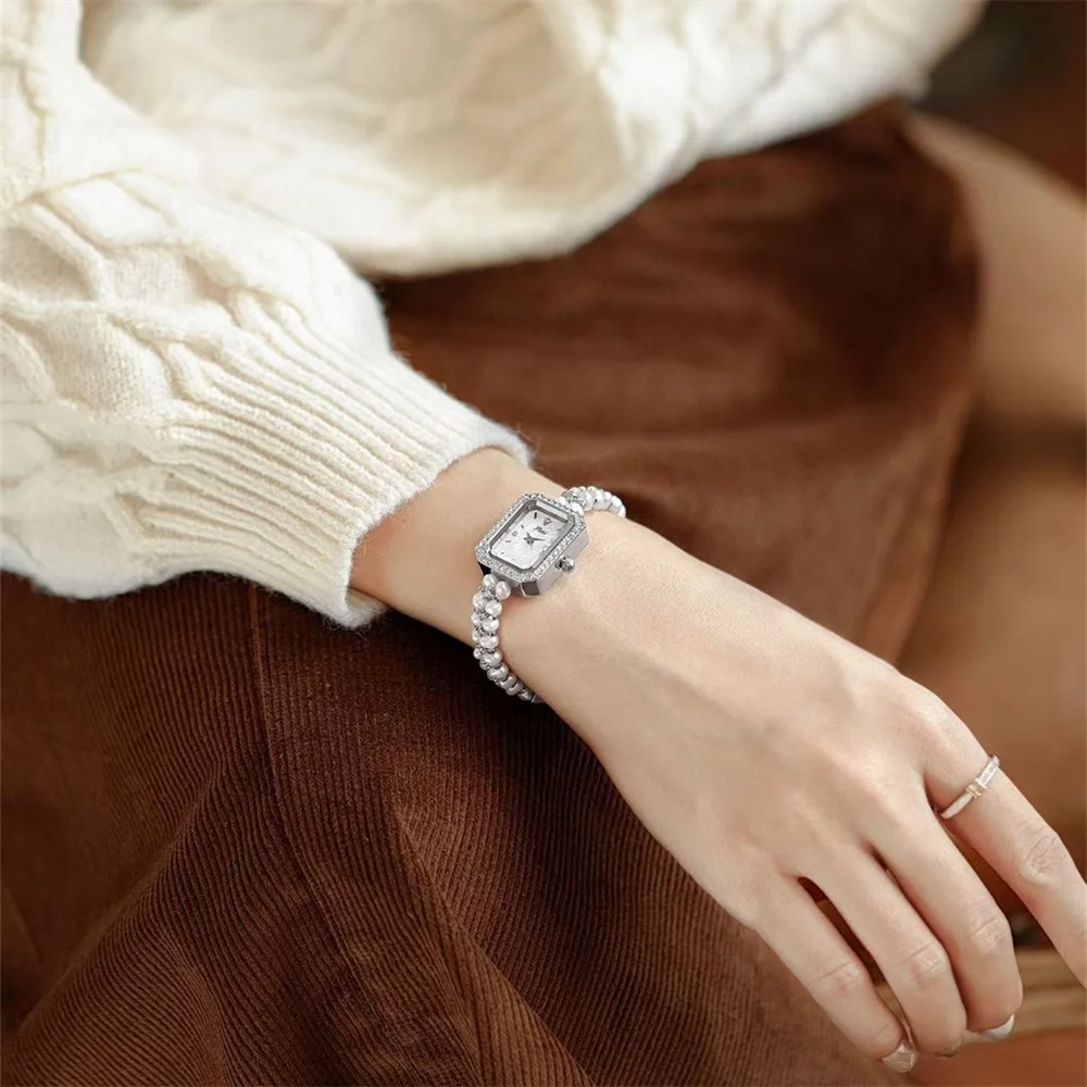 Natural Pearls Bracelets Watches Women Summer Fashion Dress Jewelry Watches Rectangle Square Wrist watch Quartz Crystals Clocks