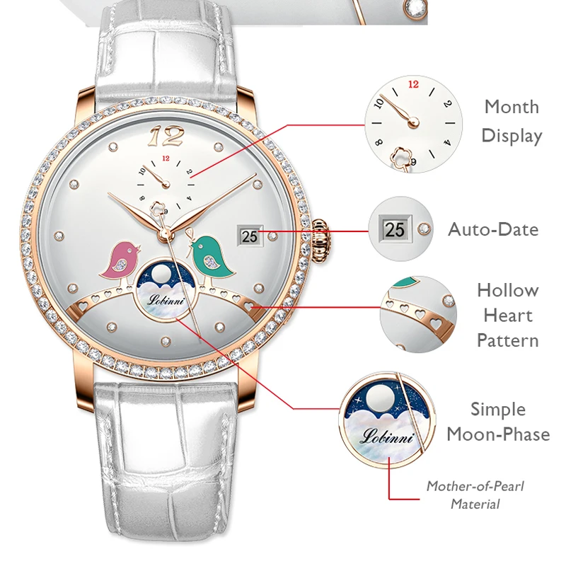 Reloj LOBINNI para mujer, correa de cuero genuino, esfera de diamante, fase lunar, reloj mecánico automático, reloj femenino de cristal de zafiro