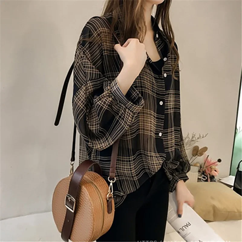 Women Plaid Turn Down Collar Shirt Autumn Loose Blouse Long Sleeve Button Down Tops