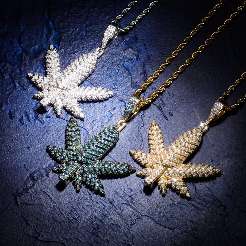 Hip Hop Micro Pave AAA CZ Stone Bling Ice Out Maple Cannabiss Marijuanas leaf Pendants Necklace for Men Rapper Jewelry