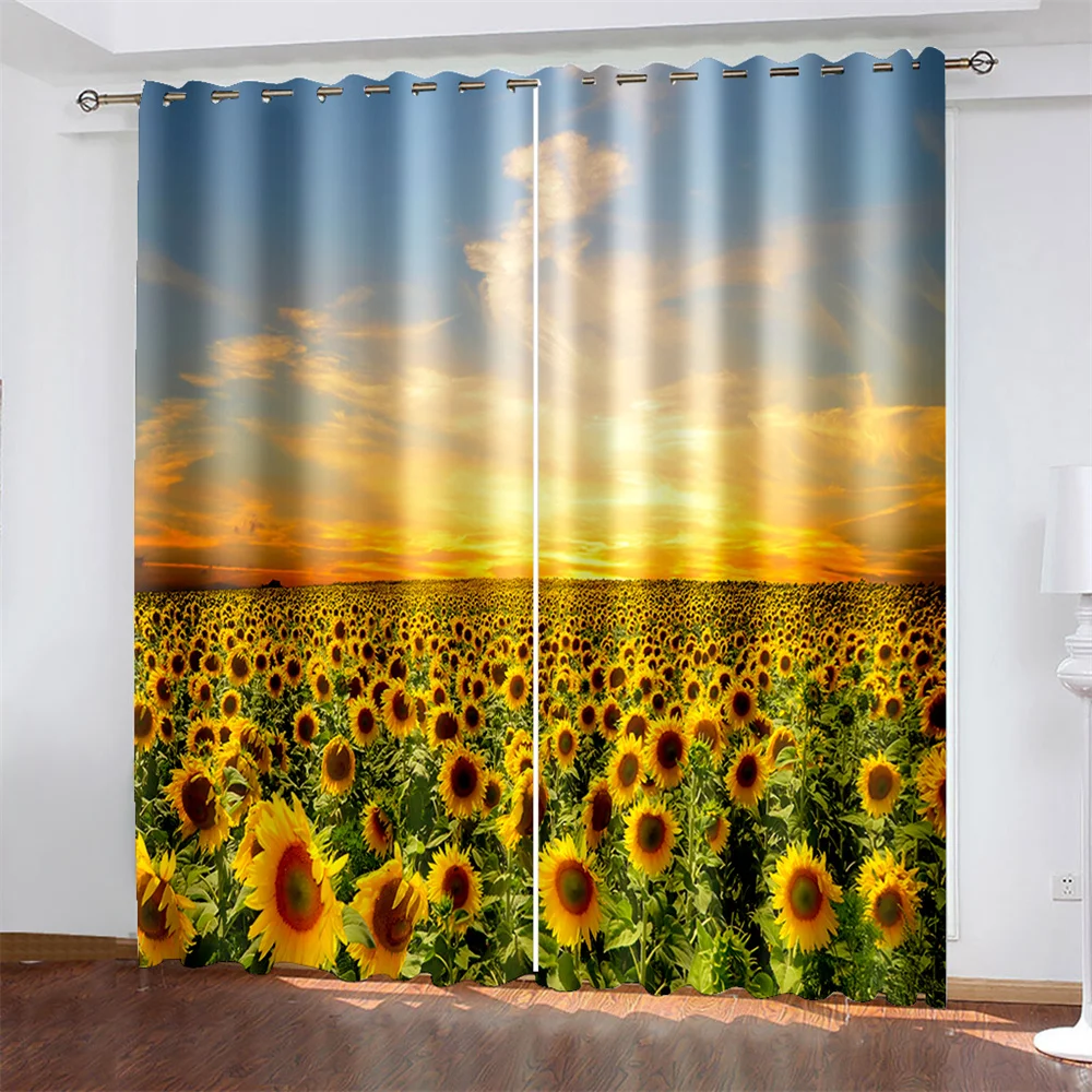 

3D Digital Printing Sunflower Landscape Woven Curtains for Bedroom Left and Right Biparting Open Home Modern Blackout Curtains