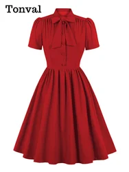 Tonval Red Elegant Solid Dresses for Women Bow Tie Neck Button Up Vintage Pleated Dress Party Short Sleeve Summer 2025