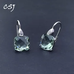 CSJ Green Amethyst Earrings 925 Sterling Silver Topaz Ametrine Paraiba Smoky Quartz Cushion 12mm for Women Party Jewelry Gift