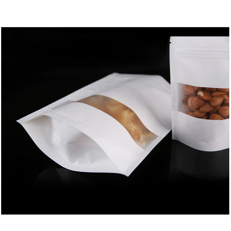 Custom Logo White Kraft Paper Stand Up Zip Lock Packaging Bag With Window, Spice,Tea Nuts,Candy,Biscuits,Pouch