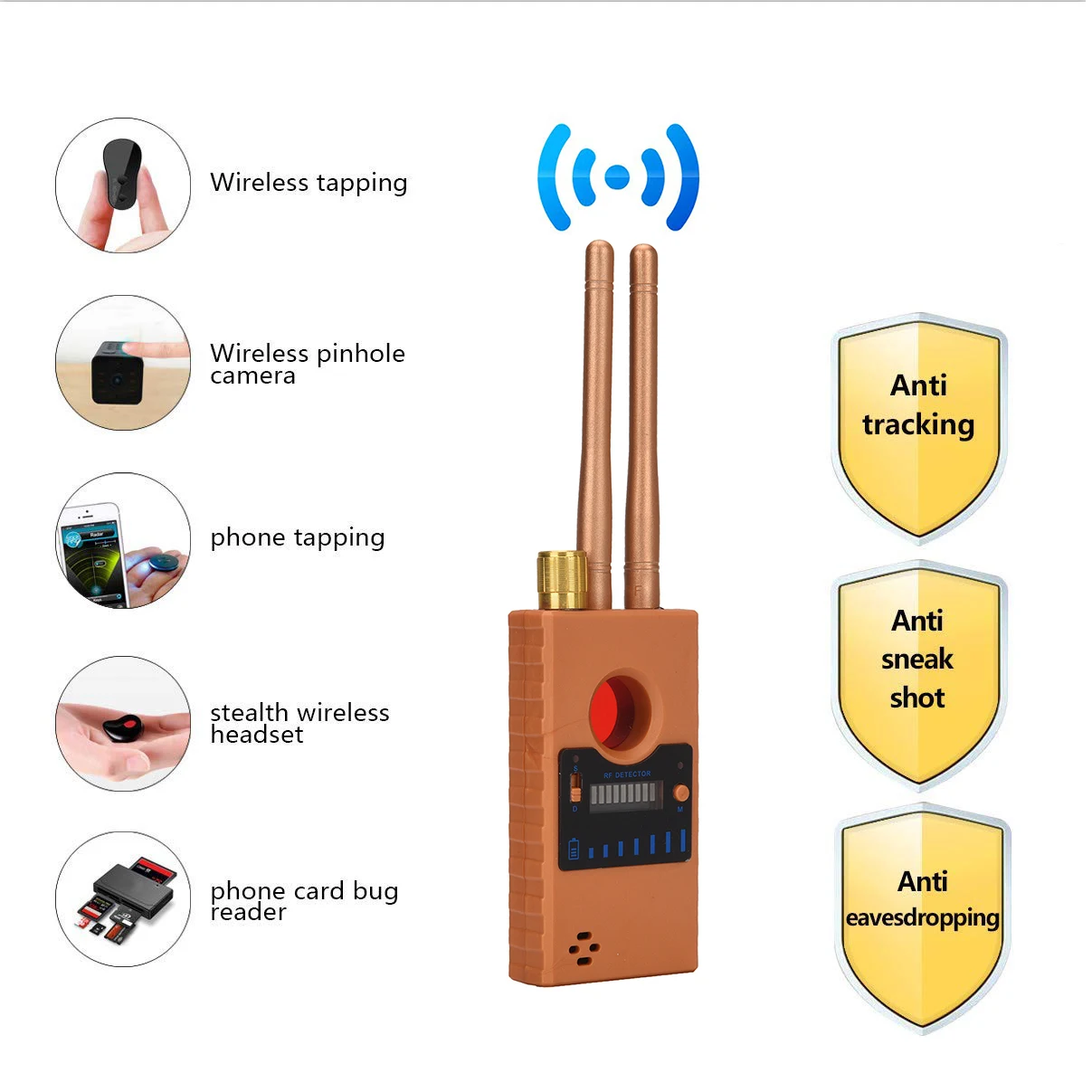 Profession RF Signal Detector Anti-Spy Tapping Detection Eavesdropping Pinhole Camera Detect Bug GSM Audio Device Finder Gadgets