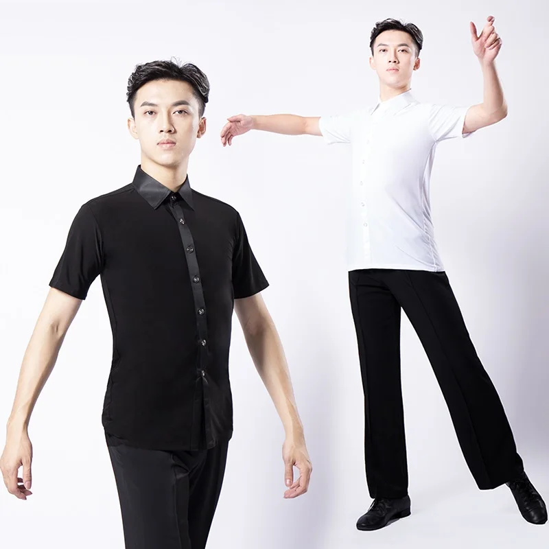 H2617 Мужской топ для латинских танцев, мужской костюм с коротким рукавом, однотонная тренировочная рубашка, одежда для выступлений в латинских танцах, румба