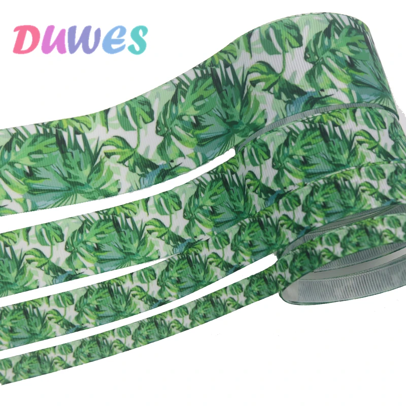 DUWES 4 sizes options 50yards leafs flowers Printed Grosgrain Ribbon Accessory Hairbow Headwear Decoration DIY Wholesale D1338