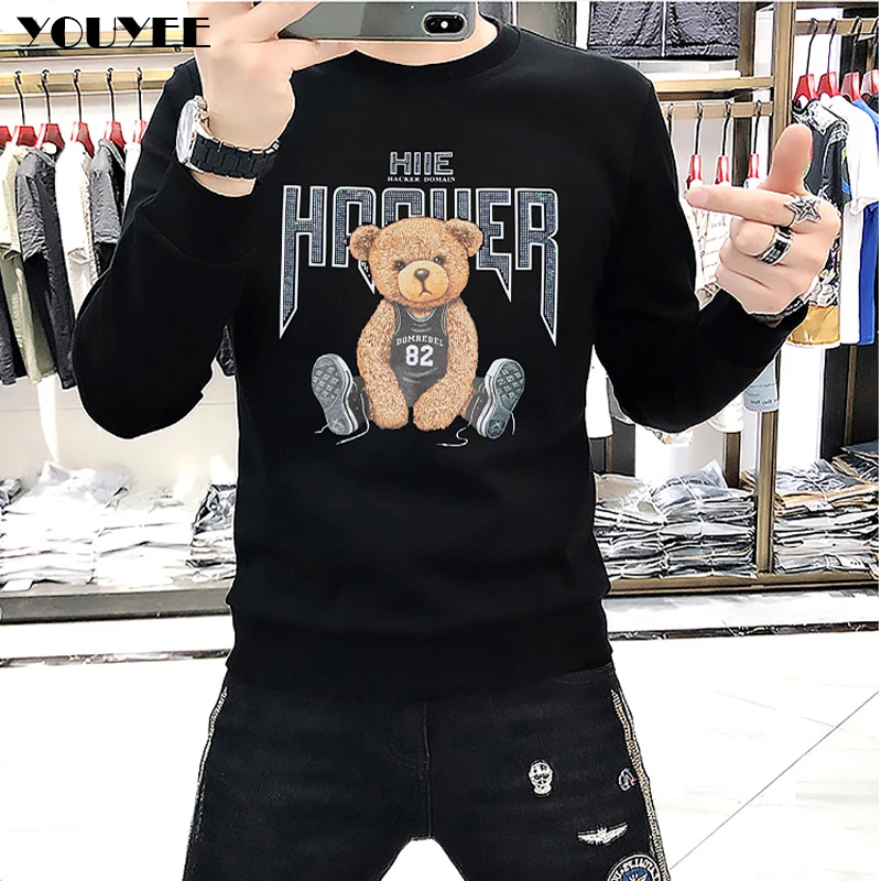 Hoodies Male Pop Bear Printing Diamond Tide Comfortable Casual Inside Pullover  2021 Autumn Winter Fashion Gray Men’s Clothing