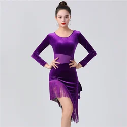 Ladies Latin Dance Tassel Clothing Women Adult Ballroom Tango Salsa Rumba Costume Korea Velvet Tassel Net Yarn Splicing Dress