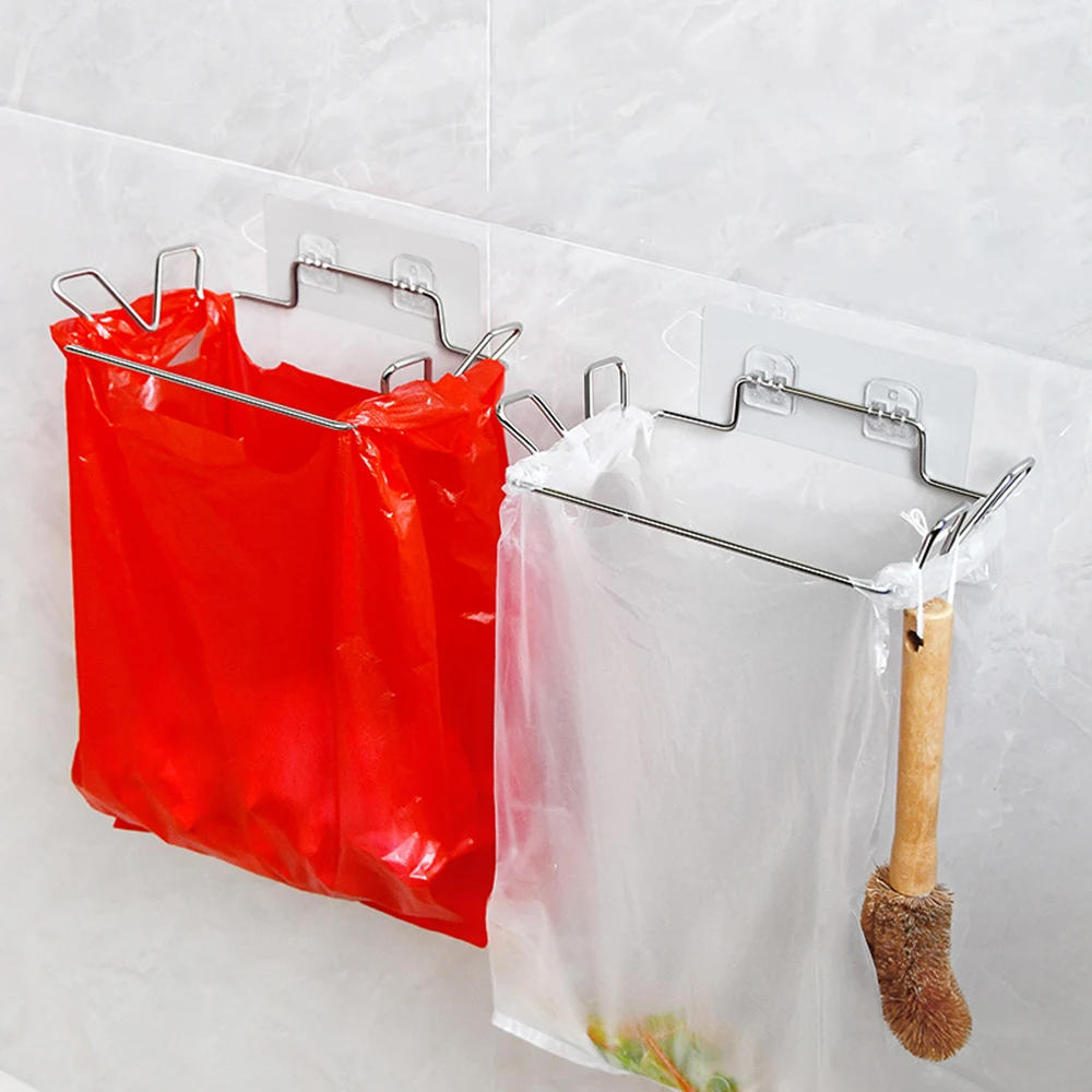Kitchen Trash Rack Cabinet Door Garbage Bags Holder Stainless Steel Closet Garbage Storage Holder Kitchen Storage Supplies