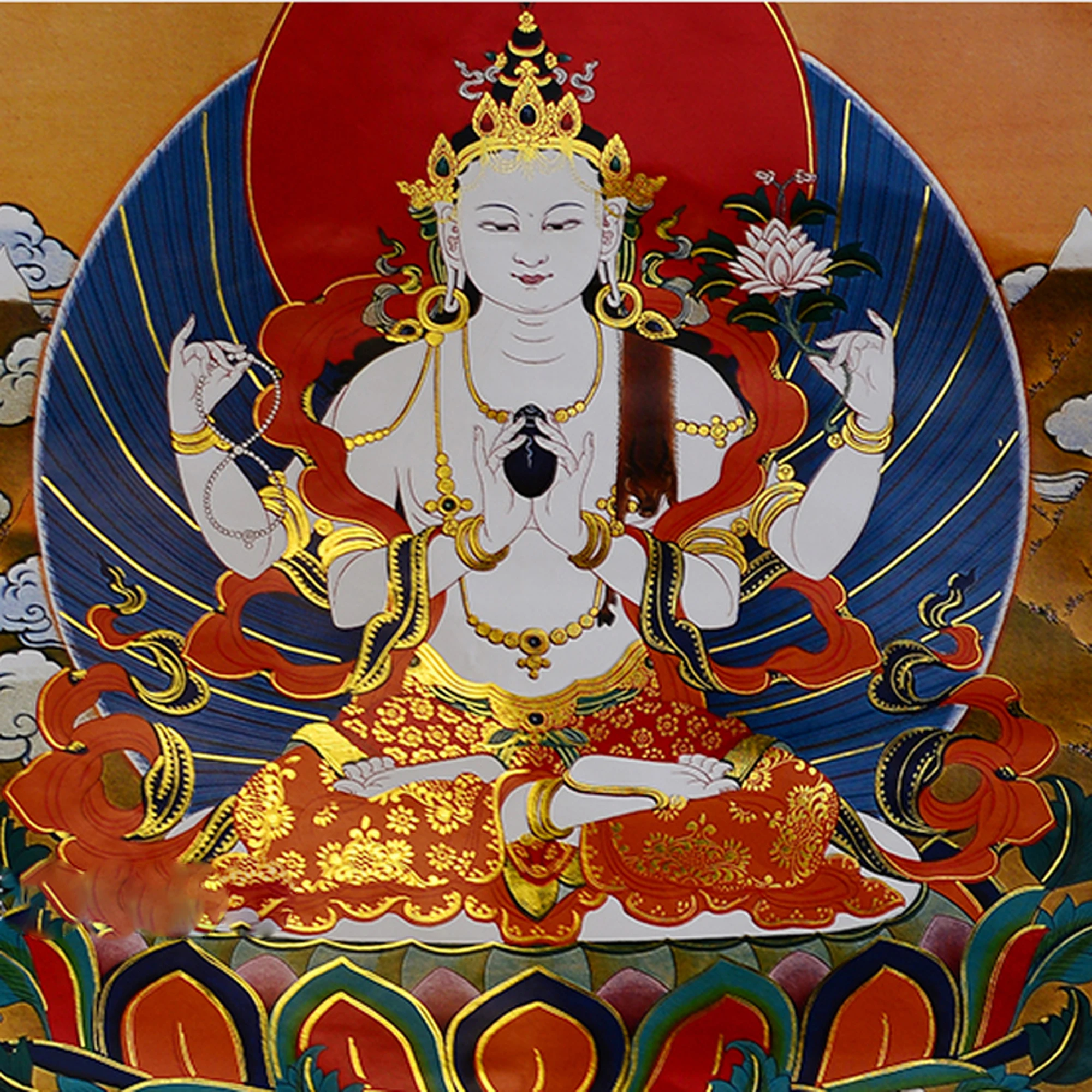 Gandhanra Bronzing Printed Thangka Art - Chenrezig Thangka,Four Armed Avalokitesvara,Hand Framed Tibetan Buddhist Thangka