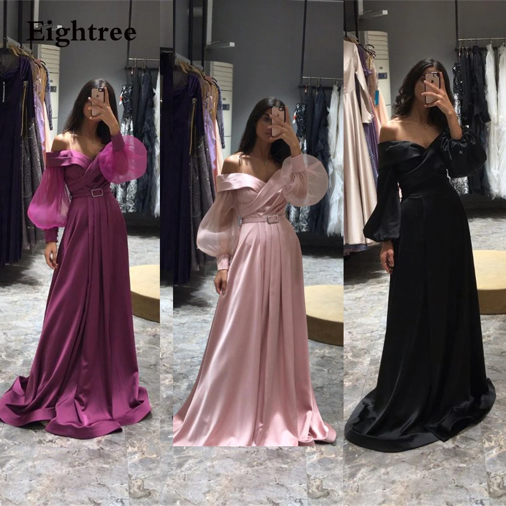 

Eigjhtree Purple Pink Long A Line Prom Dresses Sweetheart Long Sleeves Sashes Evening Party Gowns Dress Vestidos de festa