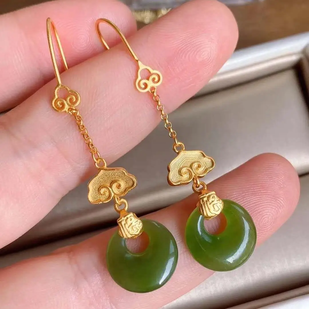 silver inlaid natural Hetian Jasper Antique Earrings Chinese classic fairyland elegant charm minority design women's first brand