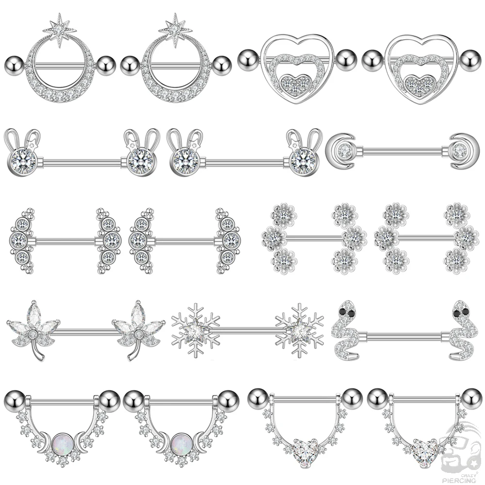 2PCS Snake Rabbit Heart Nipple Piercings Women Nipple Rings Cover Barbell Breast Shield Crystal Steel 14G Body Piercing Jewelry