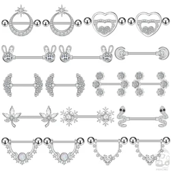 2PCS Snake Rabbit Heart Nipple Piercings Women Nipple Rings Cover Barbell Breast Shield Crystal Steel 14G Body Piercing Jewelry