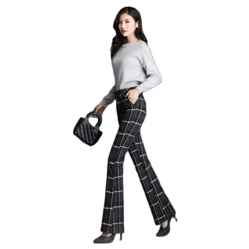 

Autumn Winter Thick Woolen Lattice Micro Trumpet Fashion Women's Pants High Waist Show Thin Wide Leg Pants Women's Trousers