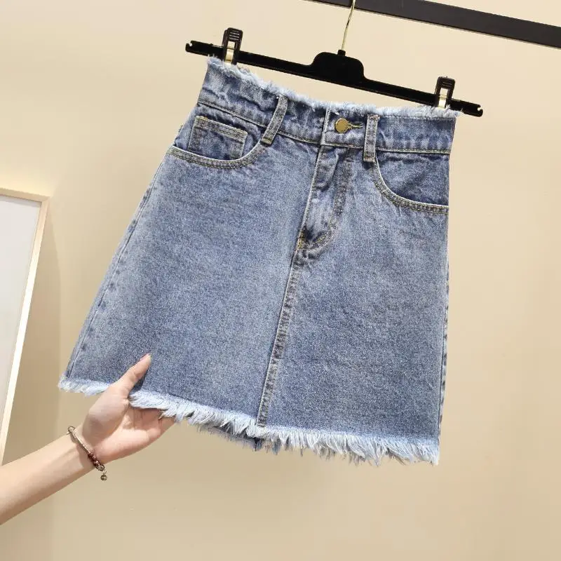 Summer 2021 Denim Short Skirt Female Wild Large Size Thin Loose Bag Hips Raw Edge High Waist A-line Skirt Skirts Womens