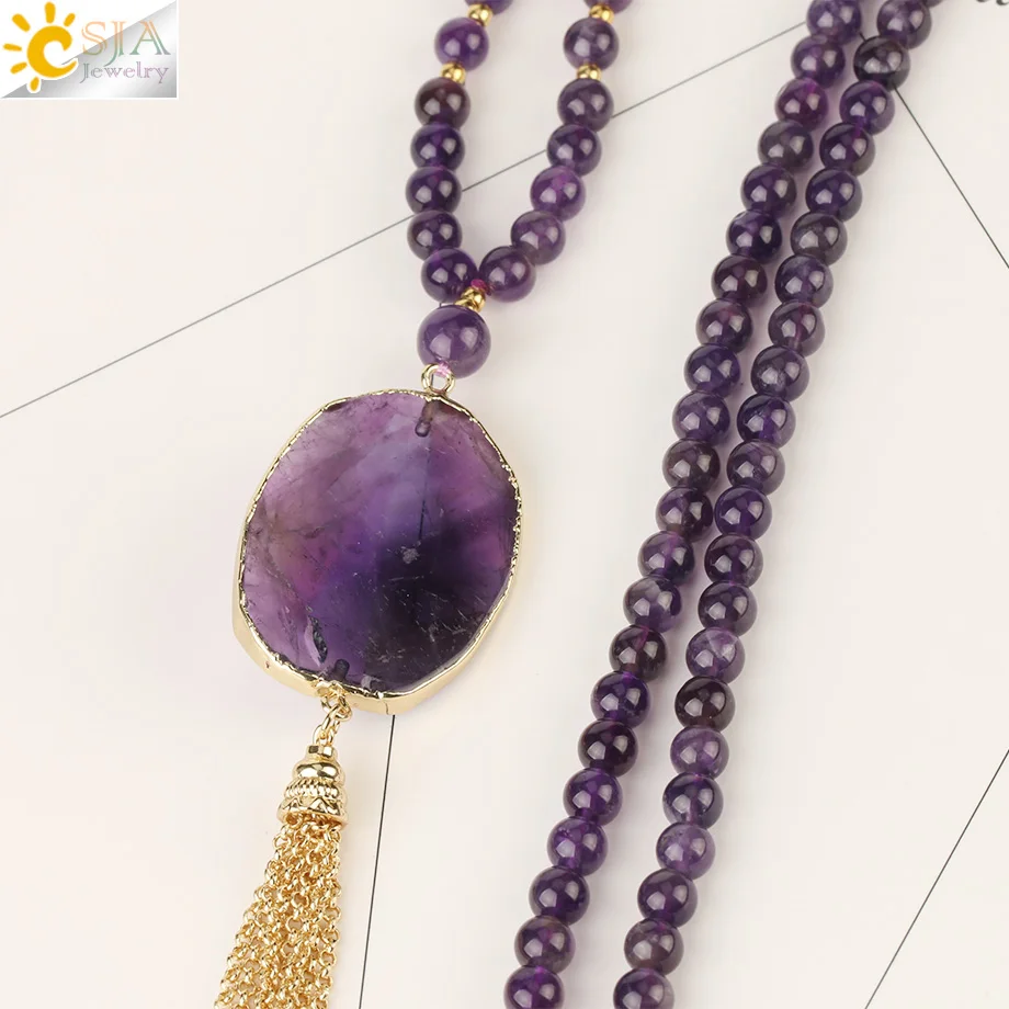 CSJA Amethysts Necklace Natural Stone Long Beads Purple Necklaces for Women Pendant Boho Gold Color Tassel Collar Amatista S470