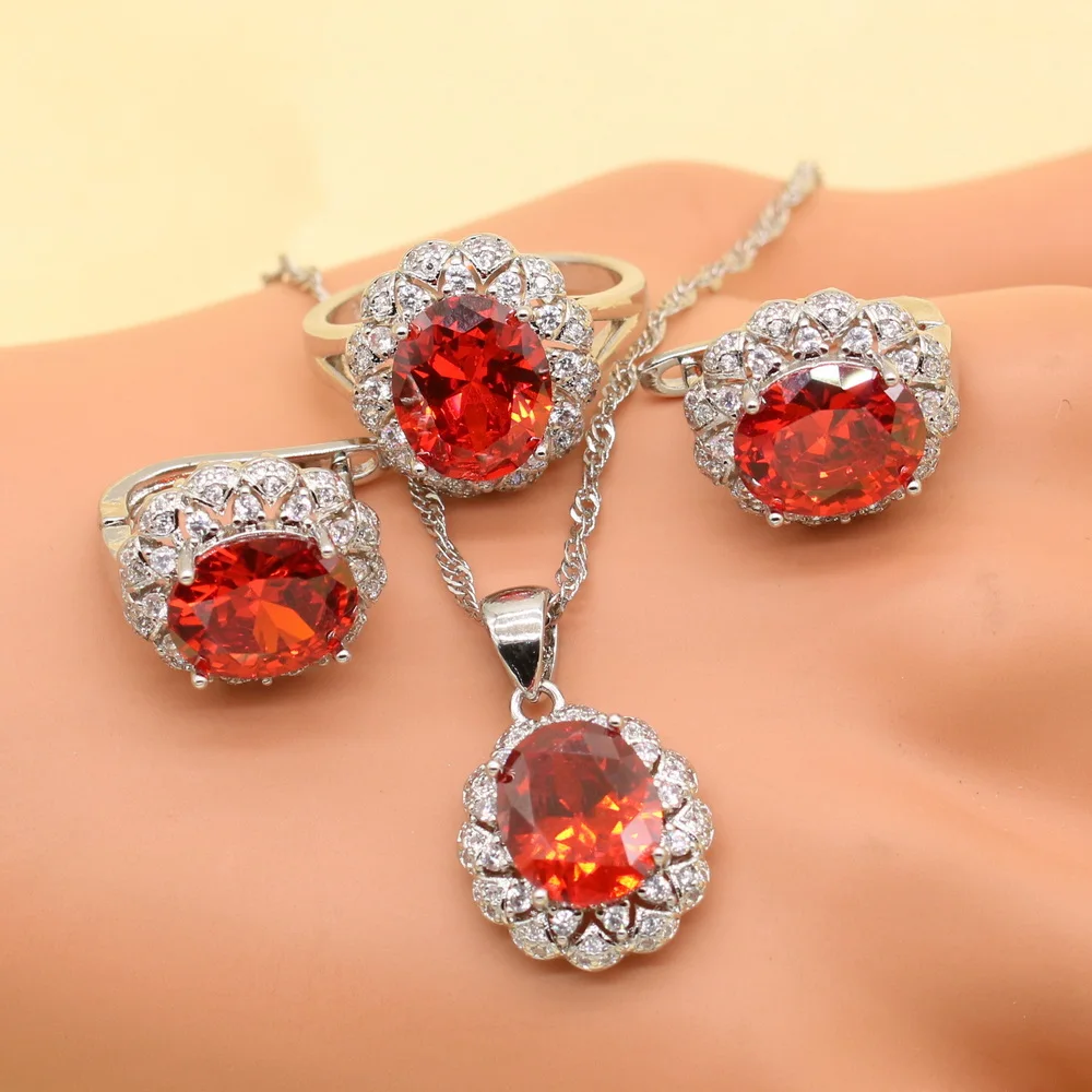 925 Sterling Silver Wedding Jewelry Sets For Women Red Stones Cubic Zirconia Bracelet Earrings Necklace Pendant Ring