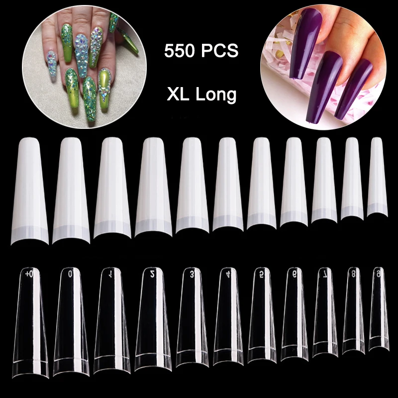 550Pcs/Bag Extra Long Nail Tips French Coffin Fake Nails Half Cover Nails Clear/Natural Flat Shape Ballerina False Nails Tip DIY