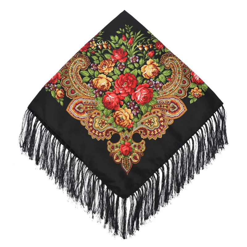 

90*90cm Russian National Style Square Scarf Shawl Female Fringed Floral Print Scarves Lady Head Wraps Foulard Femme Hijab Scarfs