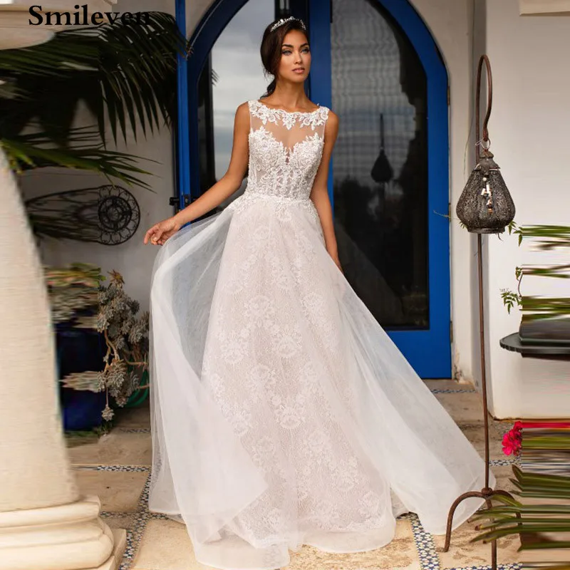 Smileven pizzo abiti da sposa bohémien Puff Tulle senza maniche Appliques di pizzo abiti da sposa da sogno Puffy Tulle Boho abiti da sposa