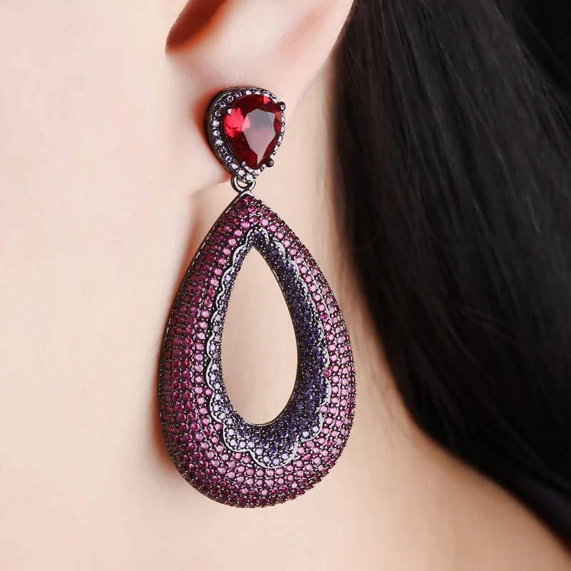 

EYIKA Gorgeous Hollow Water Drop Big Dangle Earrings Red Purple Zircon Lace Pattern Drop Earring Women Wedding Party Jewelry