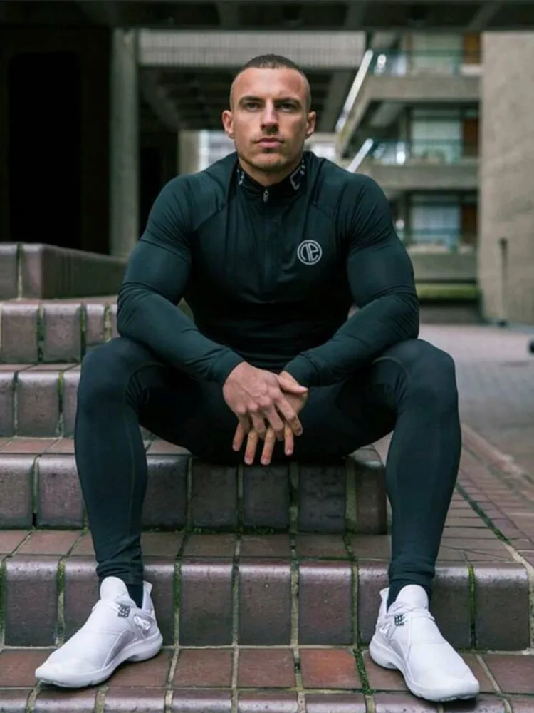 Men\'s Skinny Fitness 3 Pieces Sets Bodybuilding Cycling Stretch Tracksuits Tight Long Sleeve Sportswears+ 2 in 1 Leggings Pants