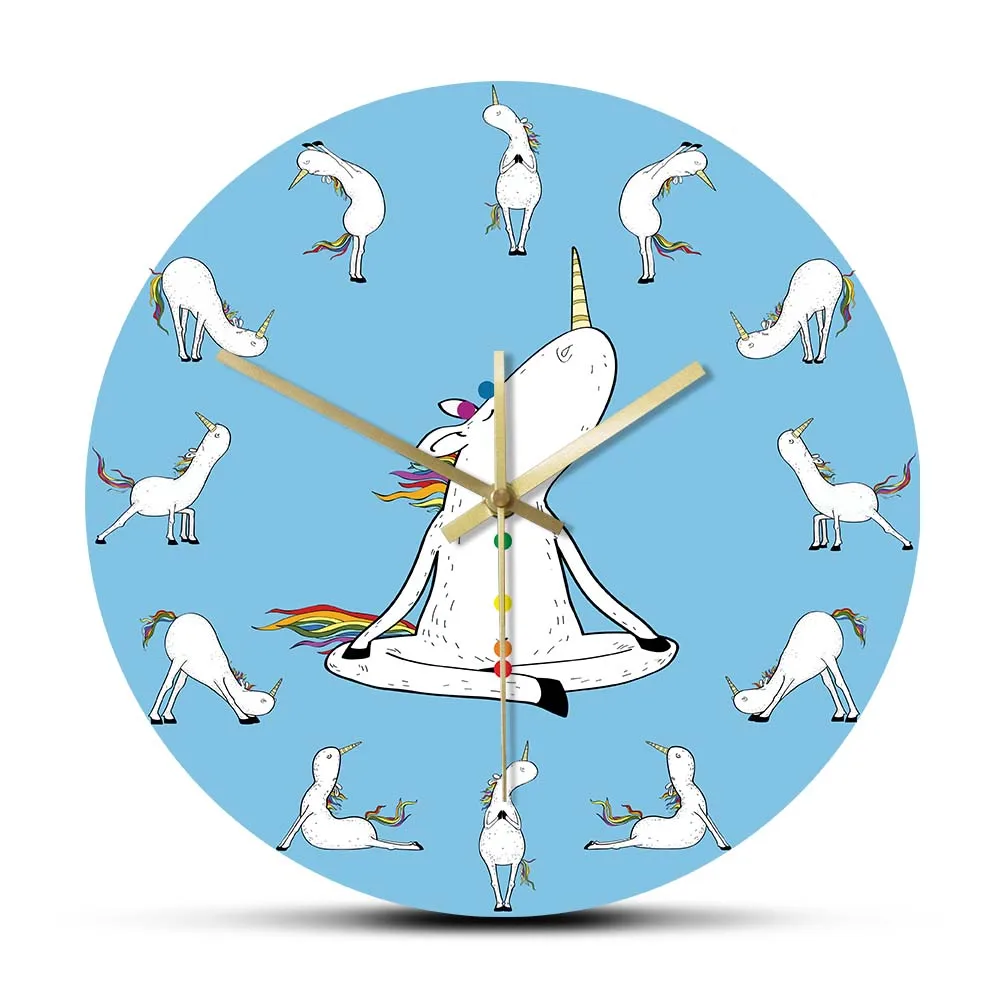 Cute Yoga Unicorn Sun Salutation Wall Clock For Girl Room Magical Rainbow Unicorn Silent Clock Watch Meditation Lover Home Décor