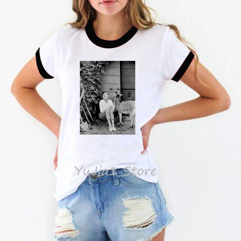 Audrey Hepburn Alpaca Print Vintage T Shirt Women Pink Yellow T-Shirts Tumblr Clothes Hip Hop Tshirt Hipster Streetwear