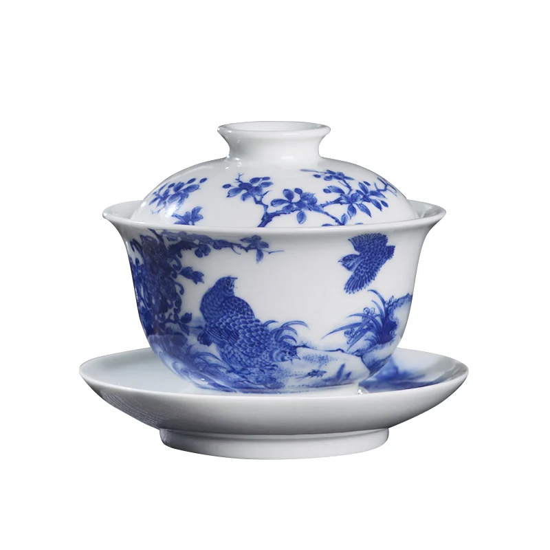 |Arborist benevolence blue live only three tureen jingdezhen ceramic hand-painted kung fu tea bowl with cover a single