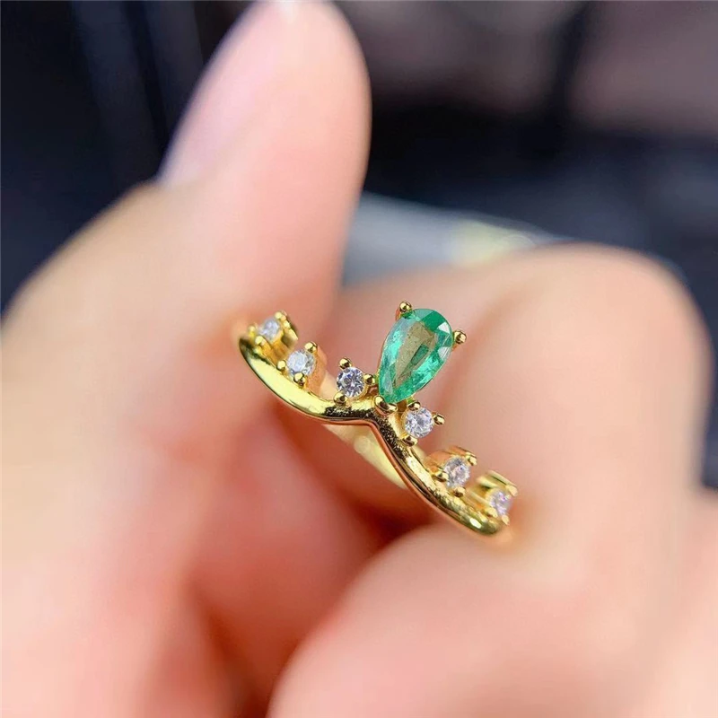 

WEAINY Natural Emerald Ring S925 Sterling Silver Gold Color Jewelry Exquisite Woman Ring Birth Stone