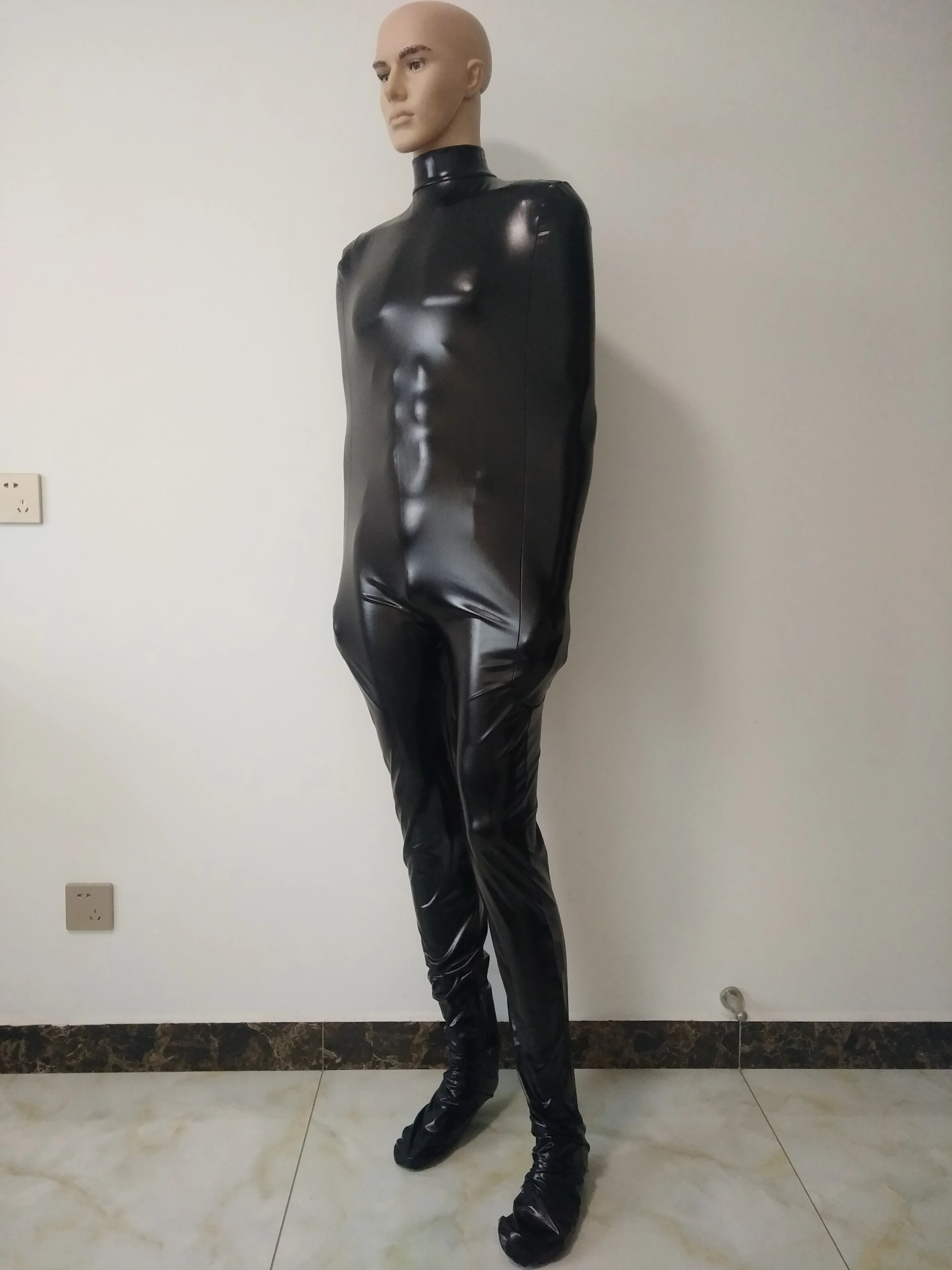 Sexy black men's Shiny Metallic Spandex Zentai Catsuit With inner sleeve adult cosplay split leg mummy Fancy Dress without hood