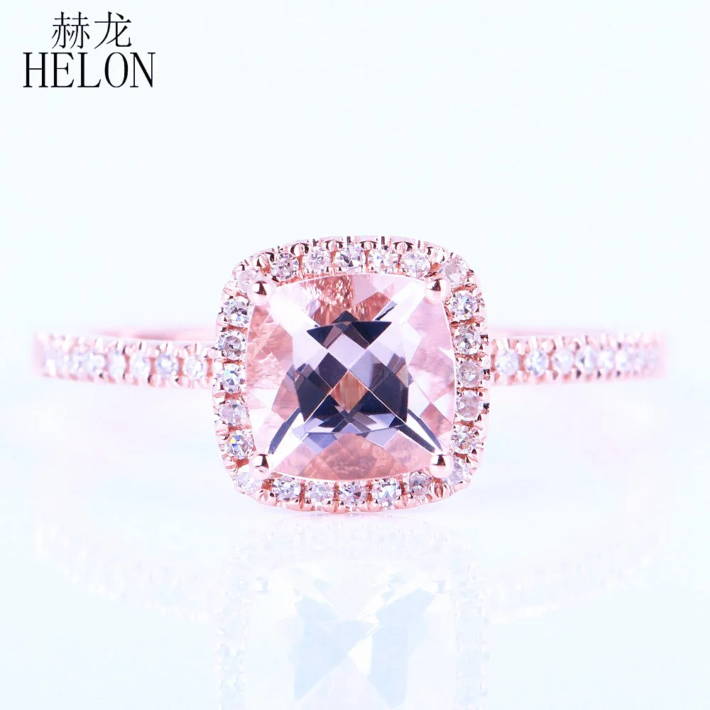 

HELON Solid 14k Rose gold Cushion Cut 6mm Genuine Morganite Diamonds Wedding Engagement Fine Jewelry Diamonds Ring Setting