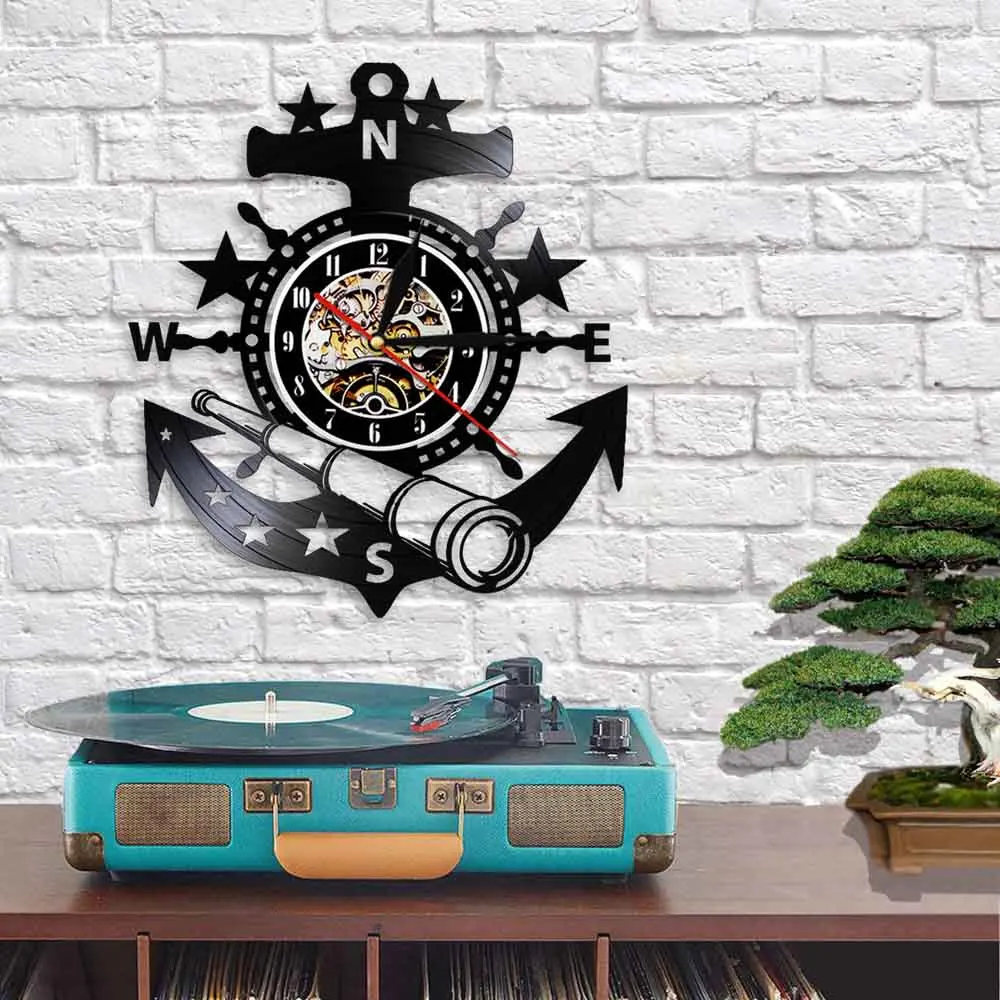 Marine Nautical Ship Steering Wheel Wall Clock Vintage Vinyl Record Wall Clock Watches Anchor Wall Decor For Living Room Bedroom